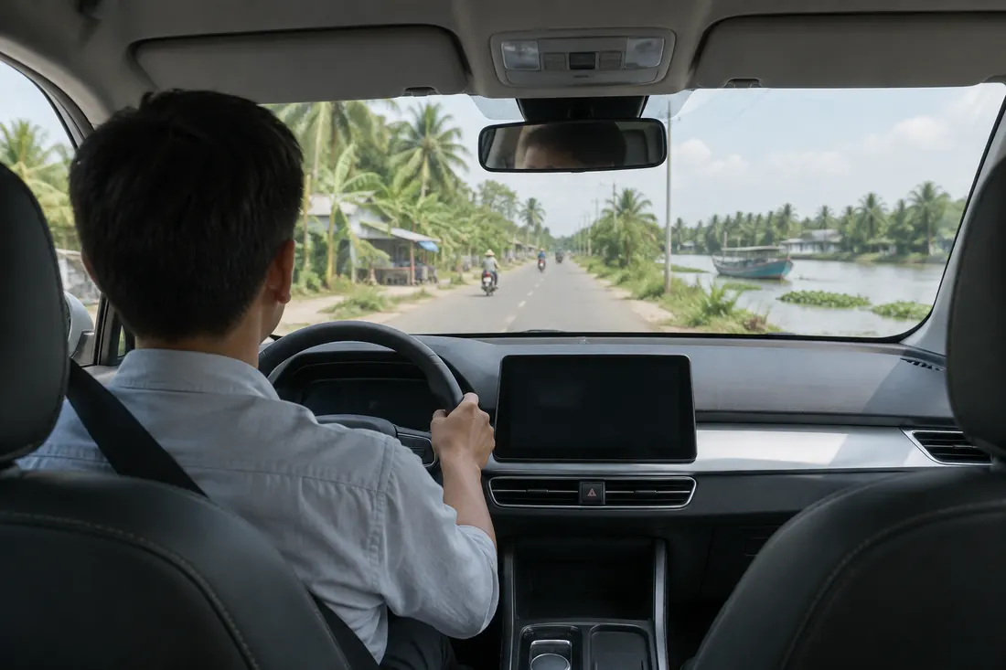 Tài xế thắt dây an toàn, hai tay giữ vô lăng