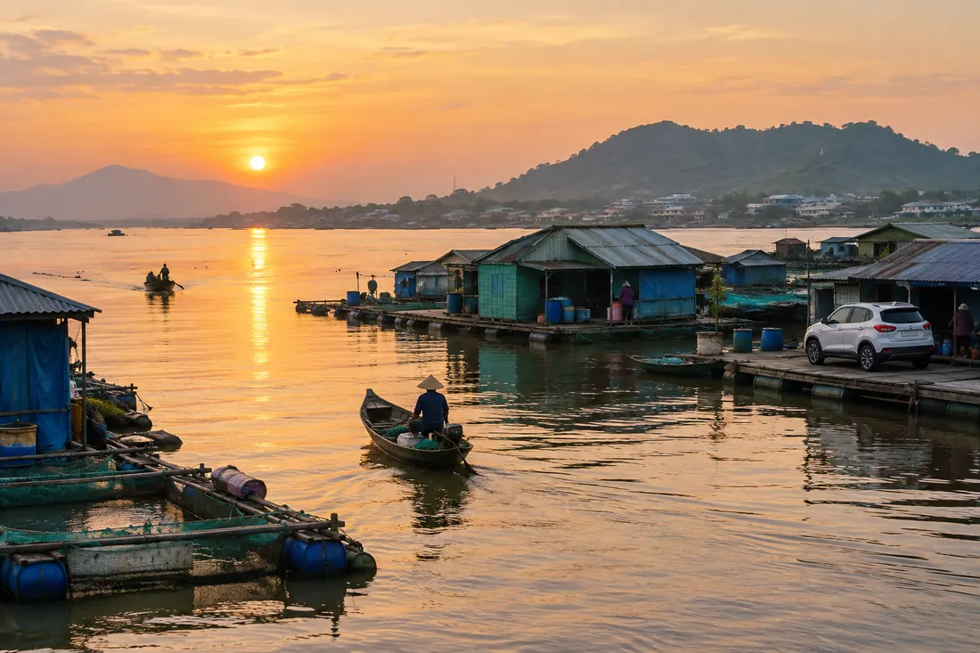 Làng bè trên sông Hậu ở Châu Đốc lúc bình minh