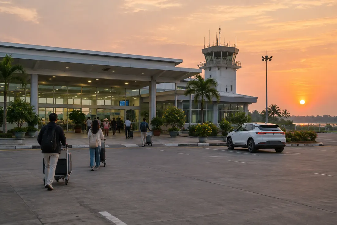 Hành khách vào sảnh sân bay lúc bình minh