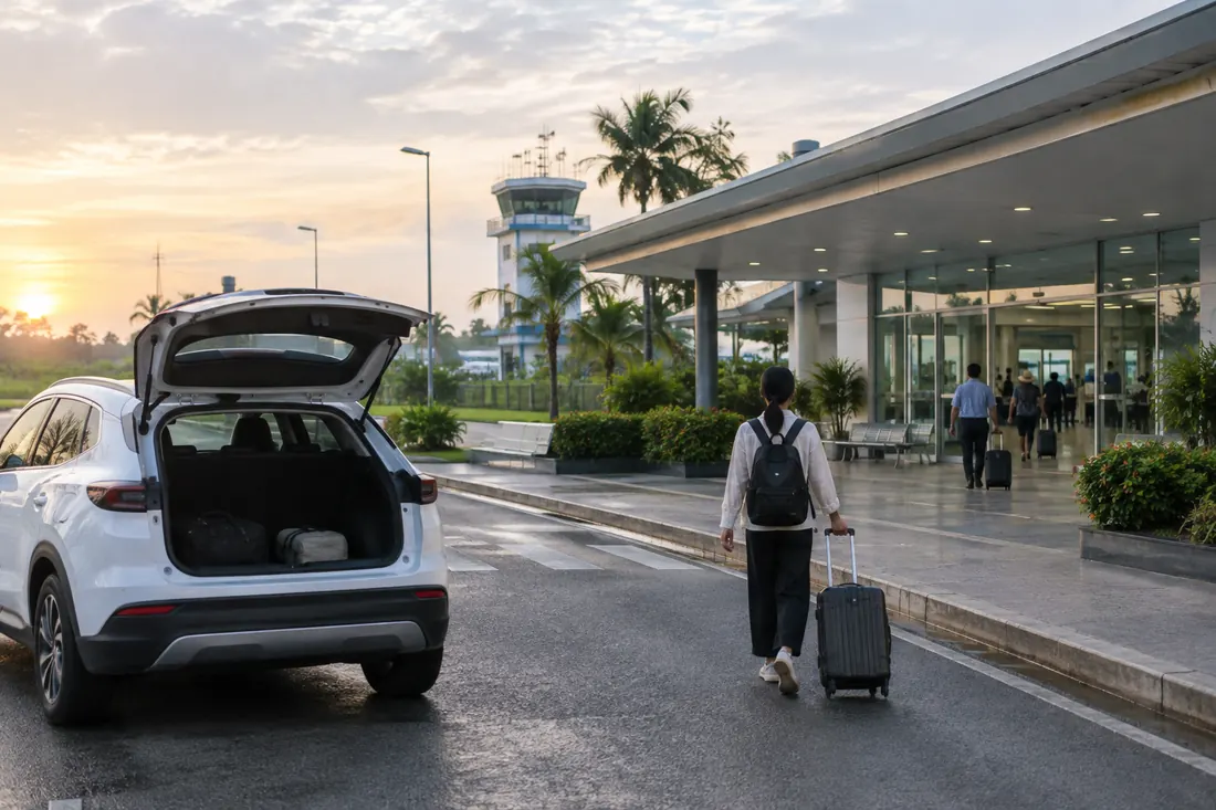 Đưa khách tới sảnh đi sân bay lúc sáng sớm