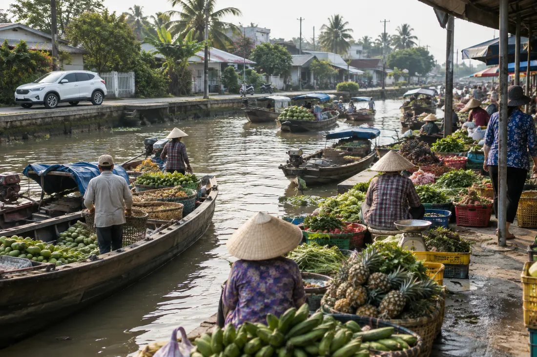 Ảnh minh họa: chợ ven kênh buổi sáng ở một thị trấn miền Tây